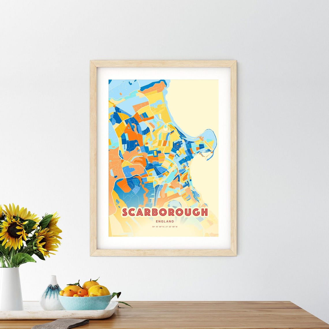 Scarborough England Colorful Blue Orange Map Art Poster Wall Decor - Image 2