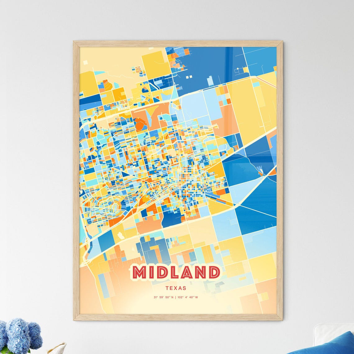 Midland Texas Vibrant Colorful City Map Art Coordinates Poster