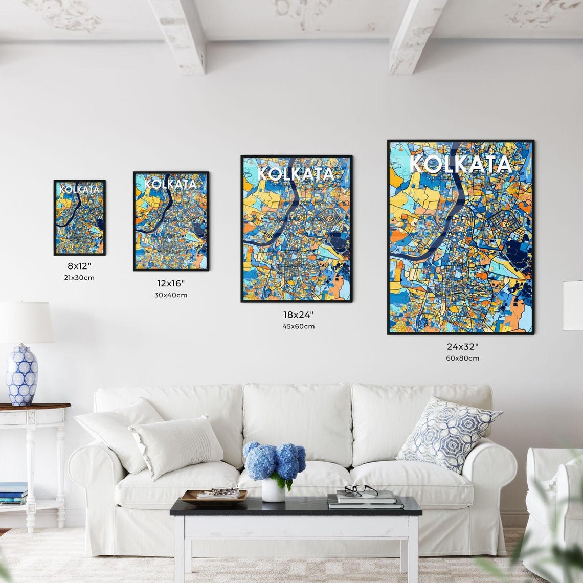 Kolkata India Vibrant City Map Poster Blue Orange Urban Travel Decor - Image 3