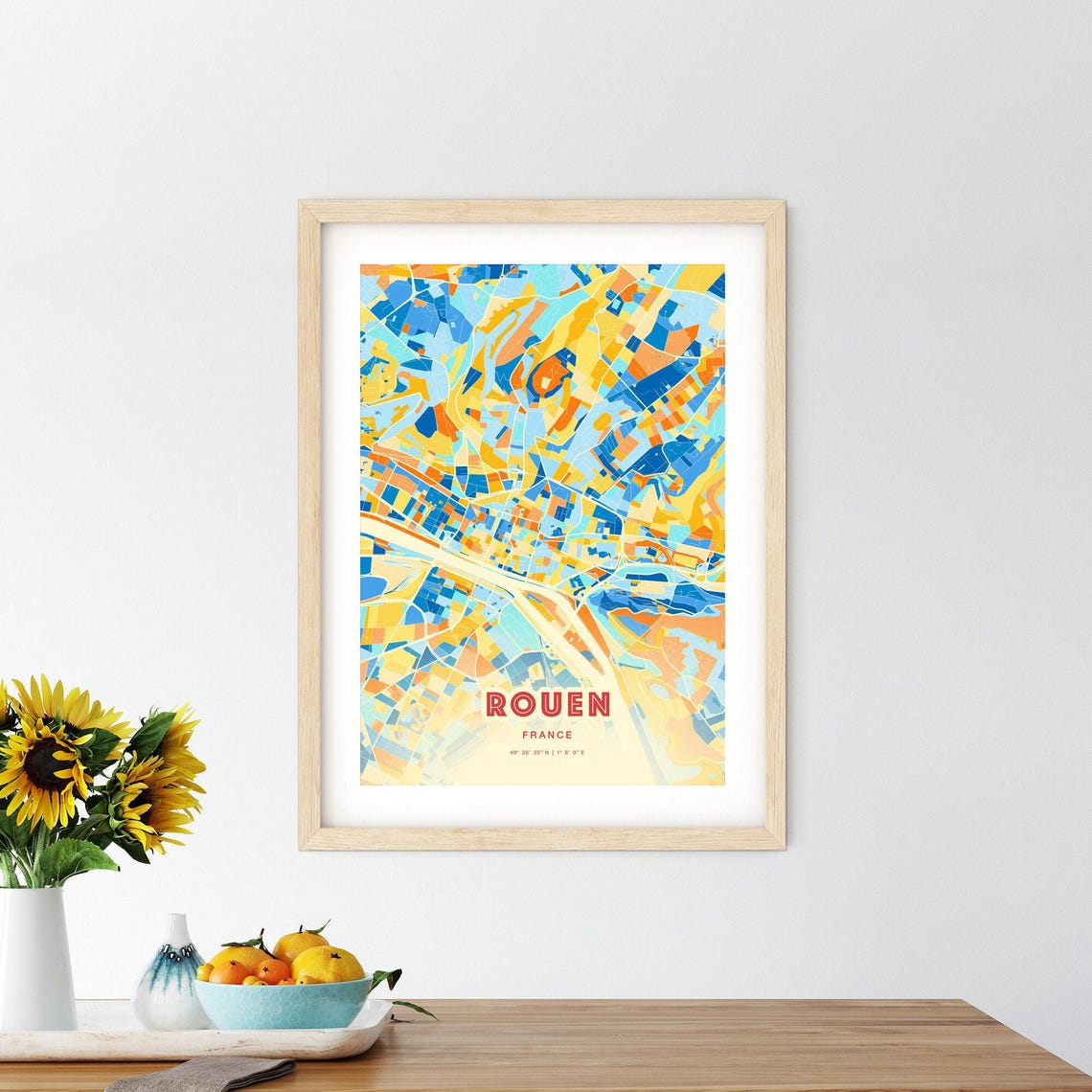 Rouen France Colorful Blue Orange Map Art Poster Wall Decor Gift - Image 2