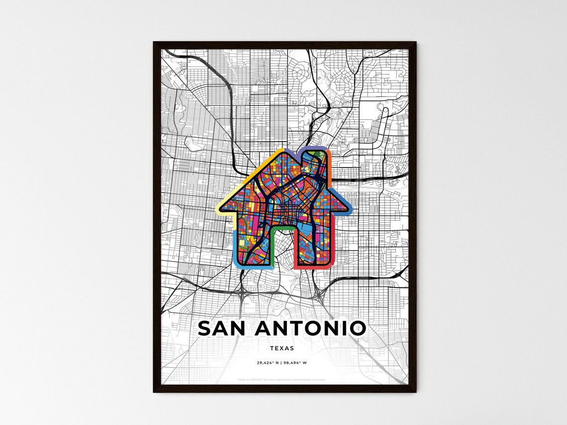 San Antonio Texas Minimal Map Art With Colorful Heart Icon Poster - Image 3