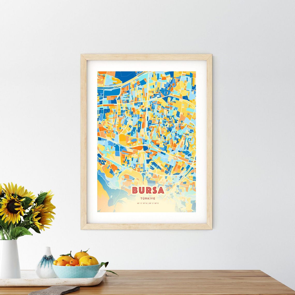Bursa Turkey Bold Vibrant Blue Orange Mosaic City Map Poster - Image 2