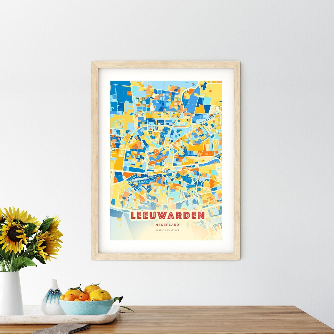 Leeuwarden Netherlands Blue Orange Colorful City Map Art Poster With Coordinates - Image 2