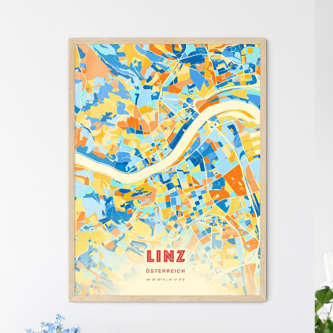 Linz Austria Modern Geometric Blue Orange City Map Art Poster