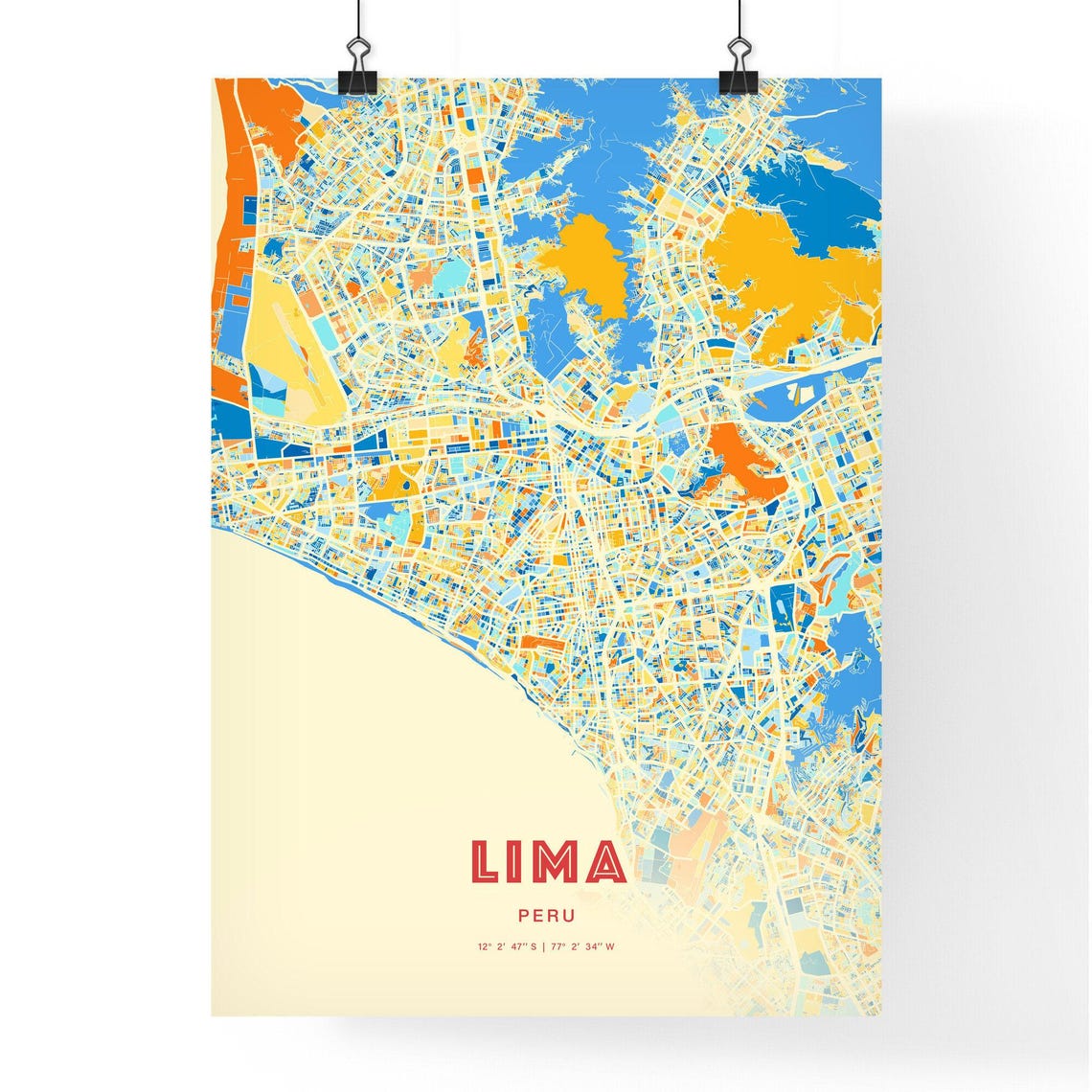 Lima Peru Blue Orange Coastal City Map Art Poster for Home Decor - Image 3