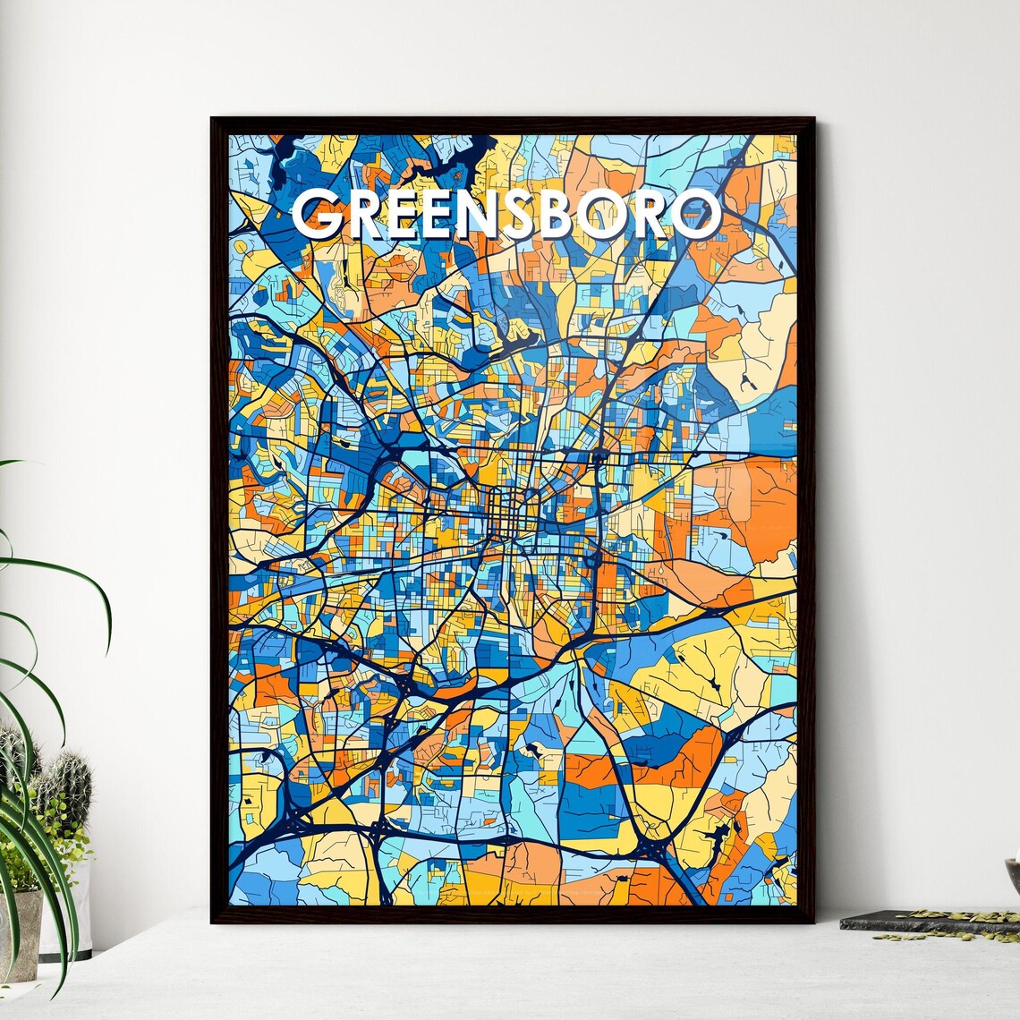 Greensboro North Carolina Colorful City Map Poster Blue Orange Wall Decor