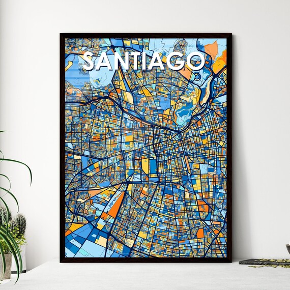 Santiago City Map Art Poster Midnight Blue Orange Modern Decor