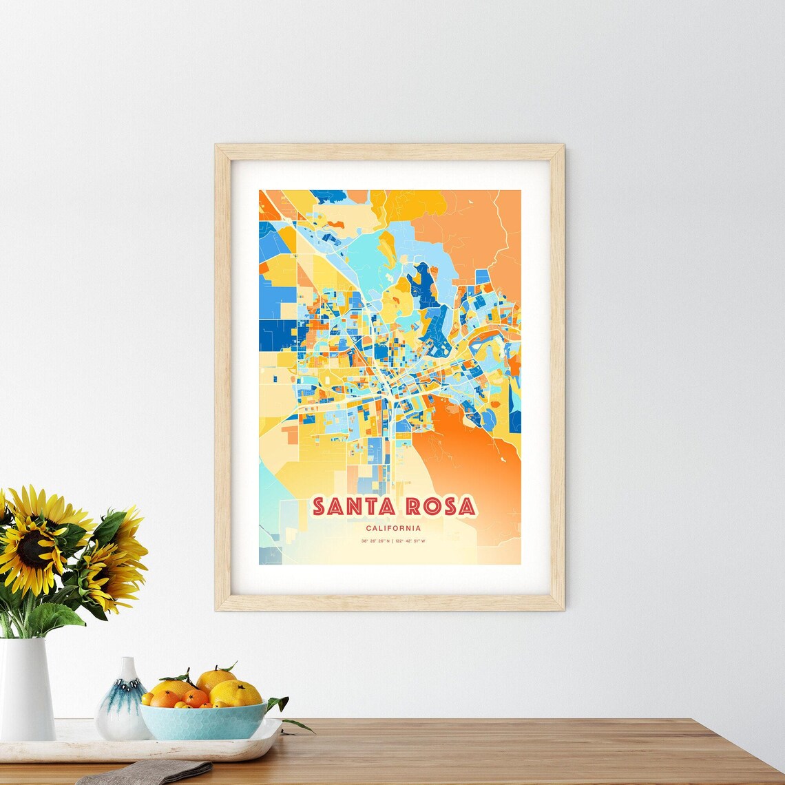 Santa Rosa California Colorful City Map Art Poster in Orange Blue and Cream - Image 2
