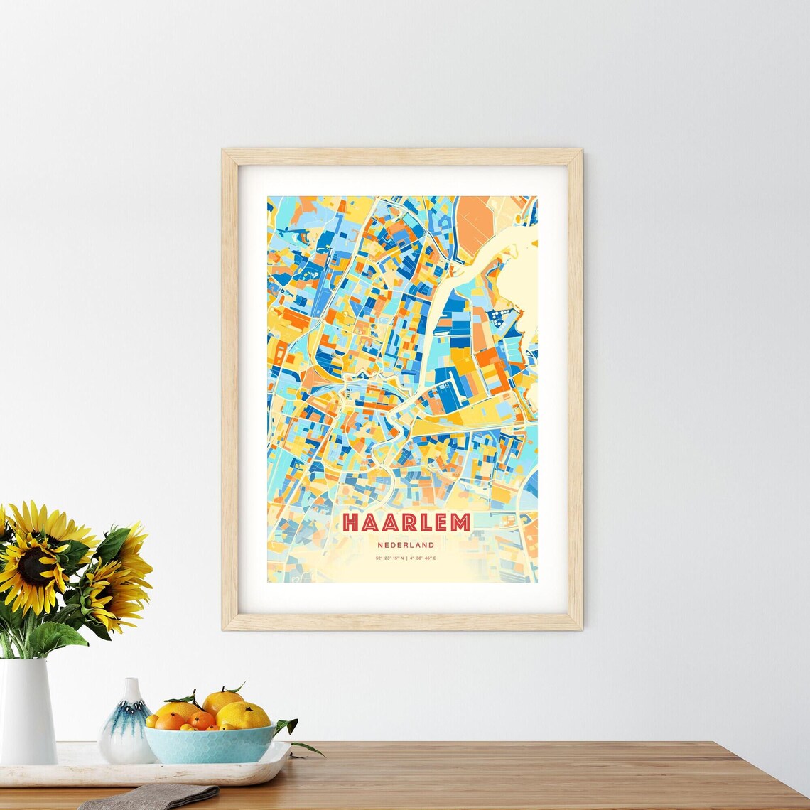 Haarlem Netherlands Blue Orange Colorful City Map Art Poster With Coordinates - Image 2