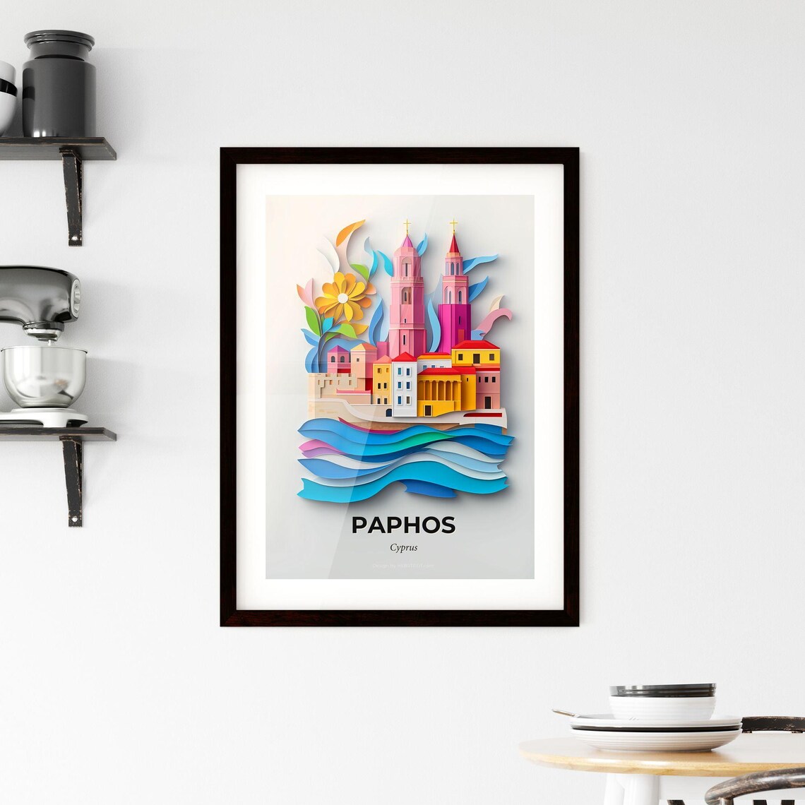 Paphos Cyprus Colorful Paper Cut Coastal Towers Travel Poster - Image 2