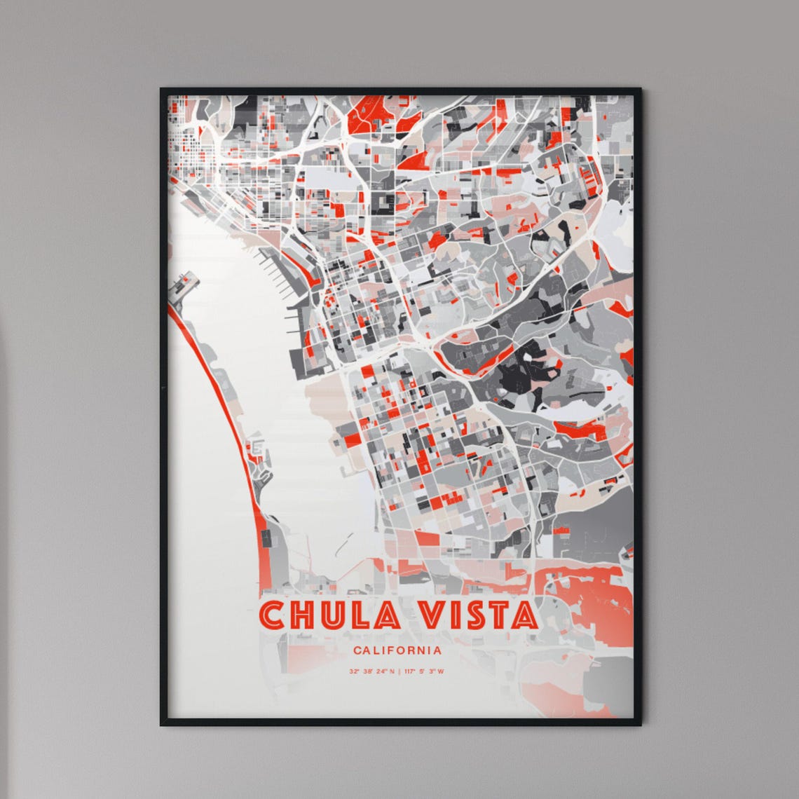 Chula Vista California Expressive Red Modern City Map Art Poster