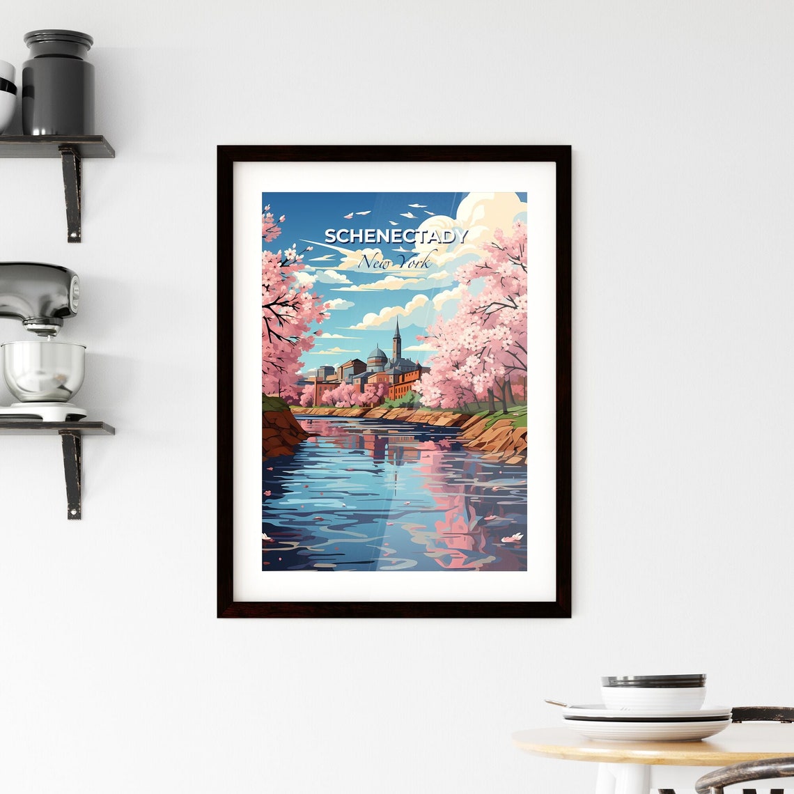 Schenectady New York Cherry Blossom River Town Scene Art Poster - Image 2