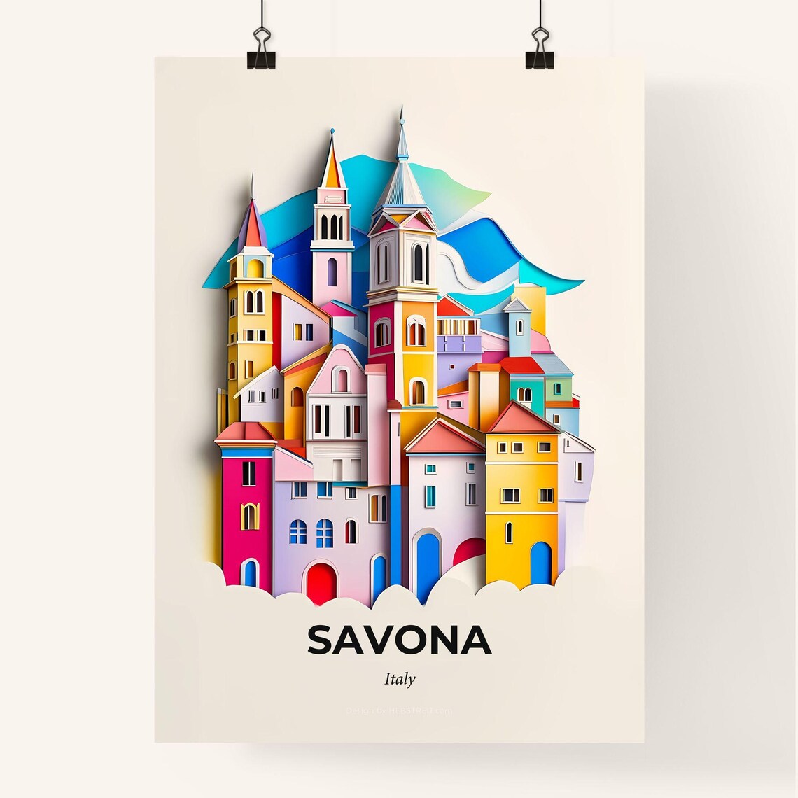 Savona Italy Colorful Towers And Spires Paper Cut City Art Poster - Image 4
