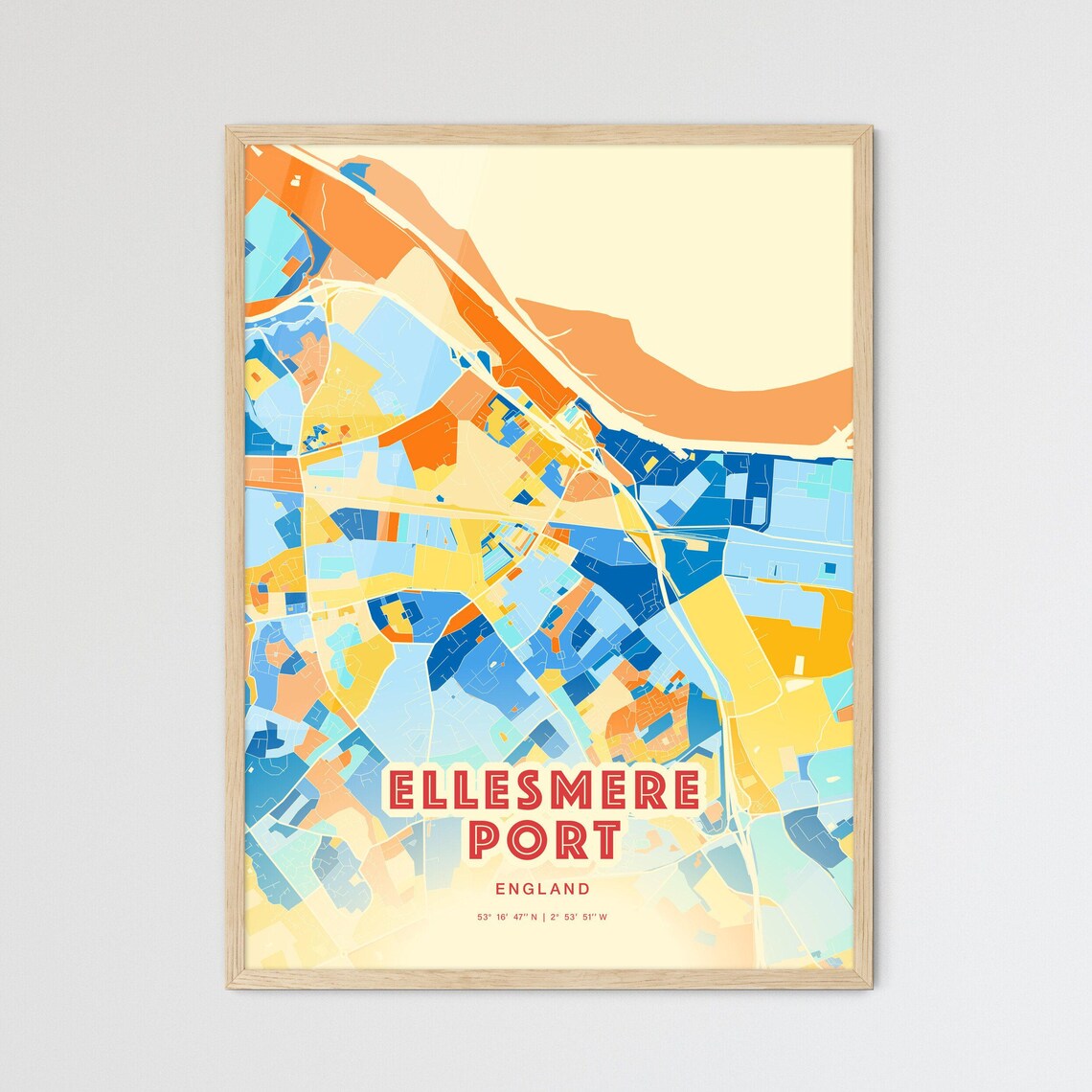 Ellesmere Port England Colorful Blue and Orange Retro City Street Map Wall Art
