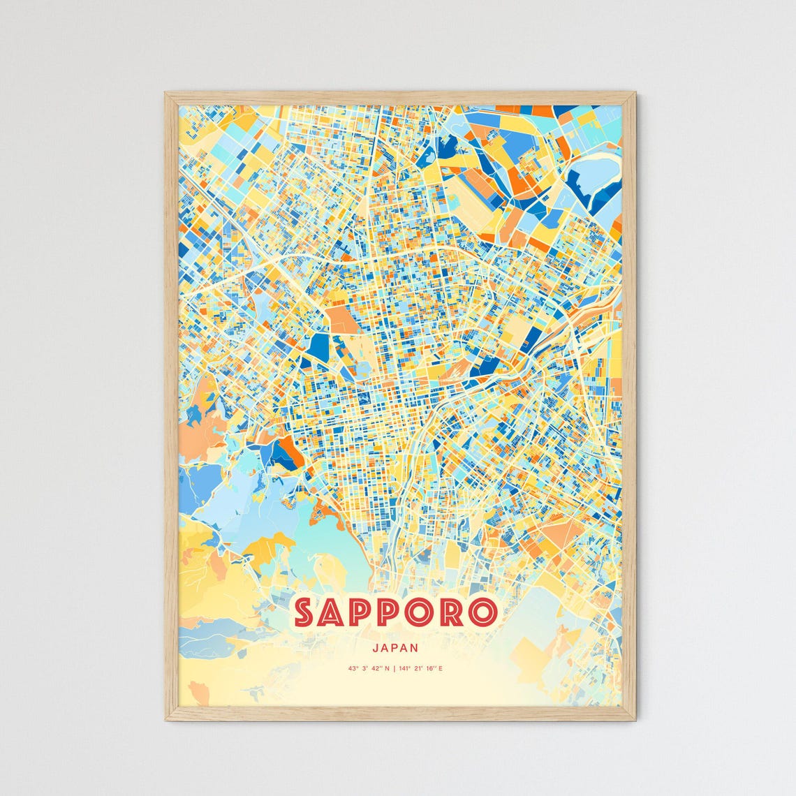 Sapporo Japan Modern Blue Orange Street Grid City Map Art Poster