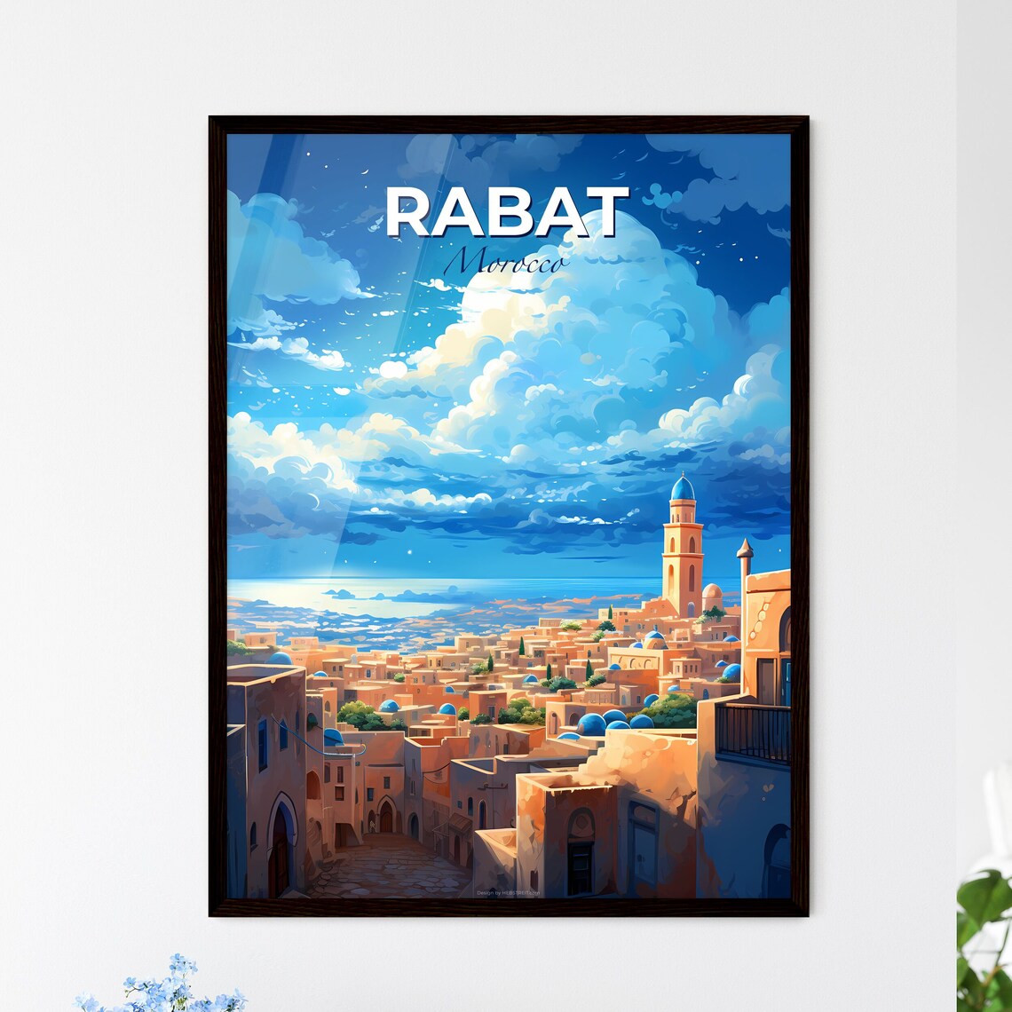 Rabat Morocco Travel Poster Blue Domes Old Town City Skyline Sunset Art