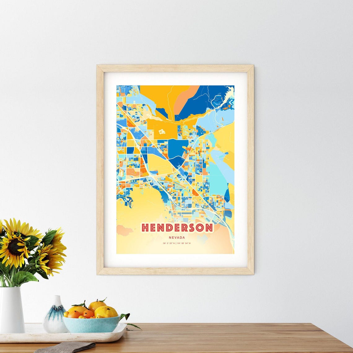 Henderson Nevada City Map Art Poster in Bold Blue and Orange - Image 2
