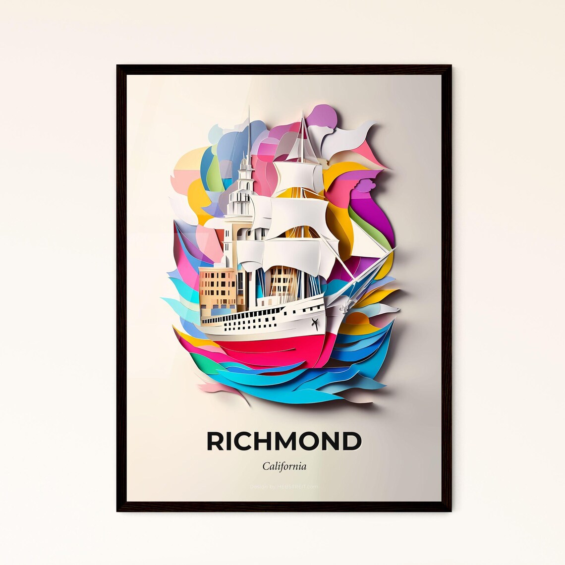 Richmond California Tall Ship Colorful Waves Paper Cut Poster