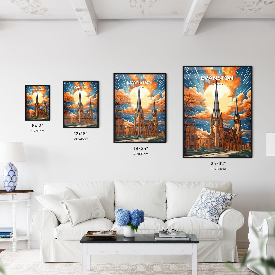 Evanston Illinois Gothic Church Under Fiery Orange Clouds Poster - Image 3