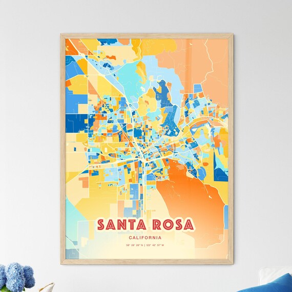 Santa Rosa California Colorful City Map Art Poster in Orange Blue and Cream