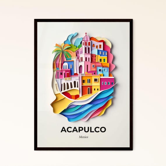 Vivid Acapulco Mexico A Paper Cut Of A City With A Church Fine Art Print Customizable