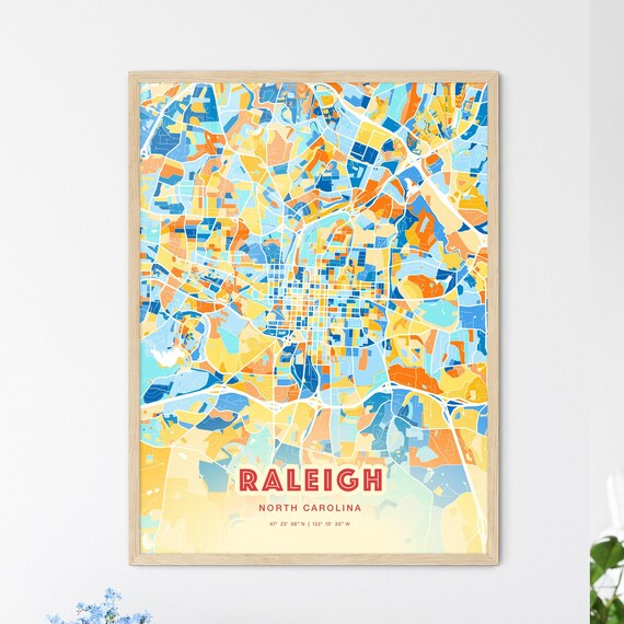 Raleigh North Carolina Map Art Poster Blue Orange Vibrant Streets