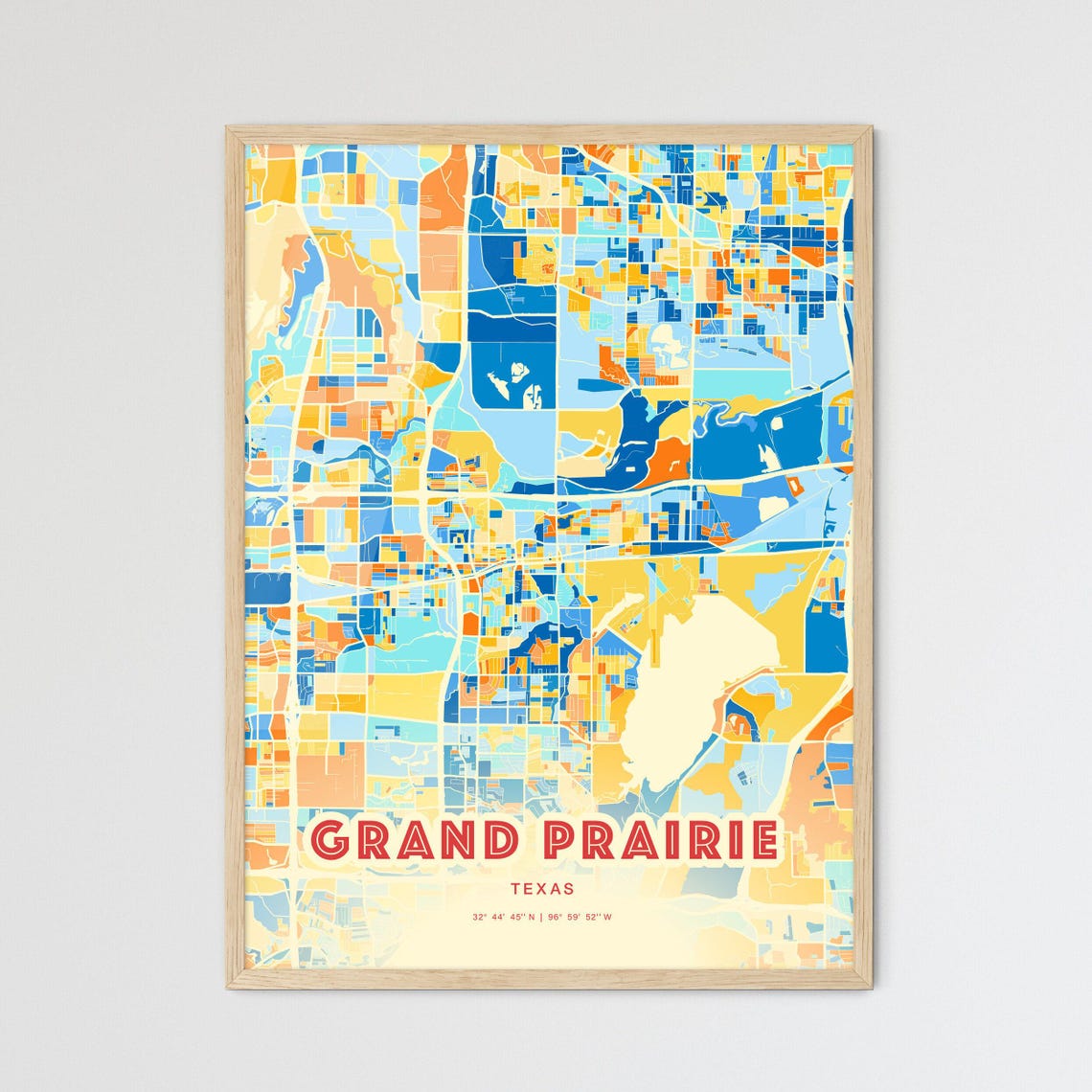 Grand Prairie Texas Vibrant Modern Blue Orange City Map Art Poster