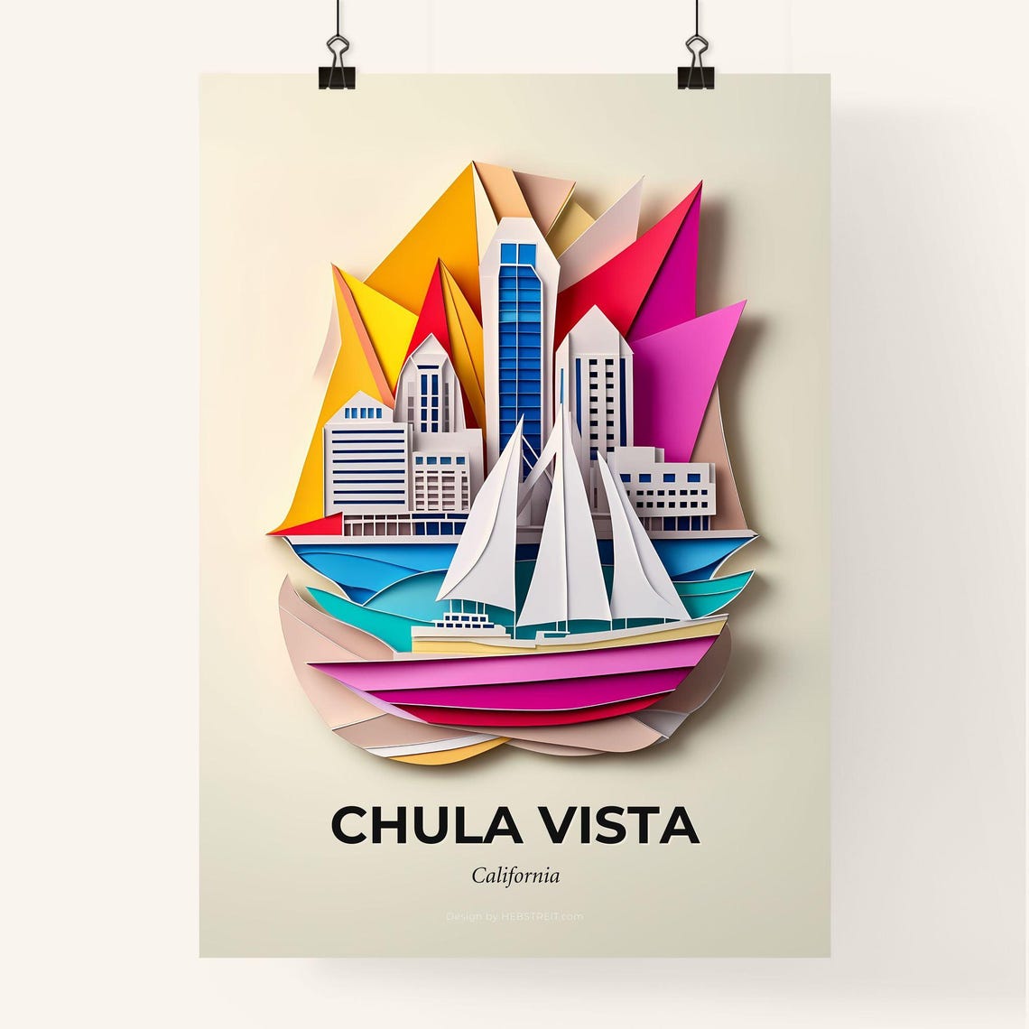 Chula Vista California Colorful Paper Cut Sailboats and Skyline Poster - Image 4