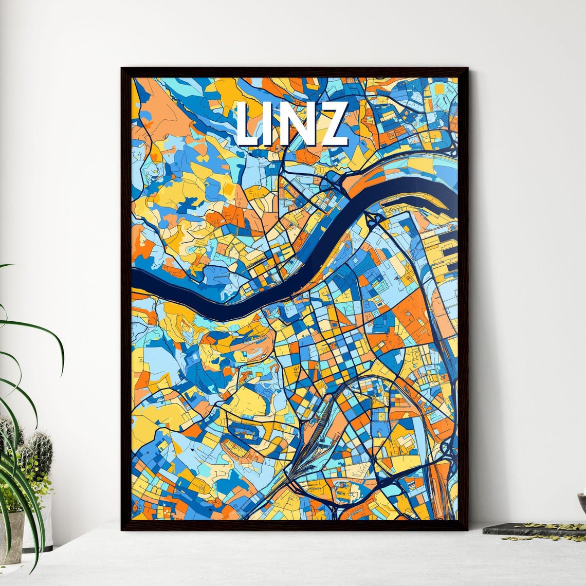 Linz Austria Bold Geometric City Map Art Poster in Blue and Orange
