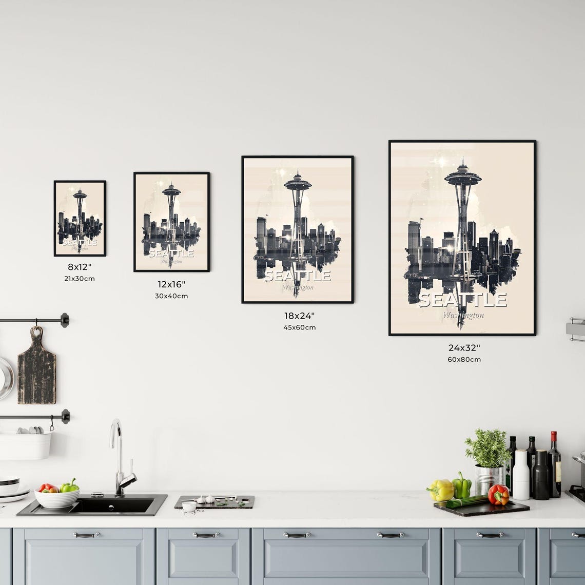 Seattle Washington Space Needle Monochrome Skyline Art Poster - Image 3
