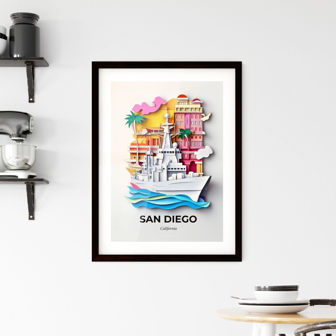 Vivid San Diego California Harbor Ship Papercut Travel Poster - Image 2