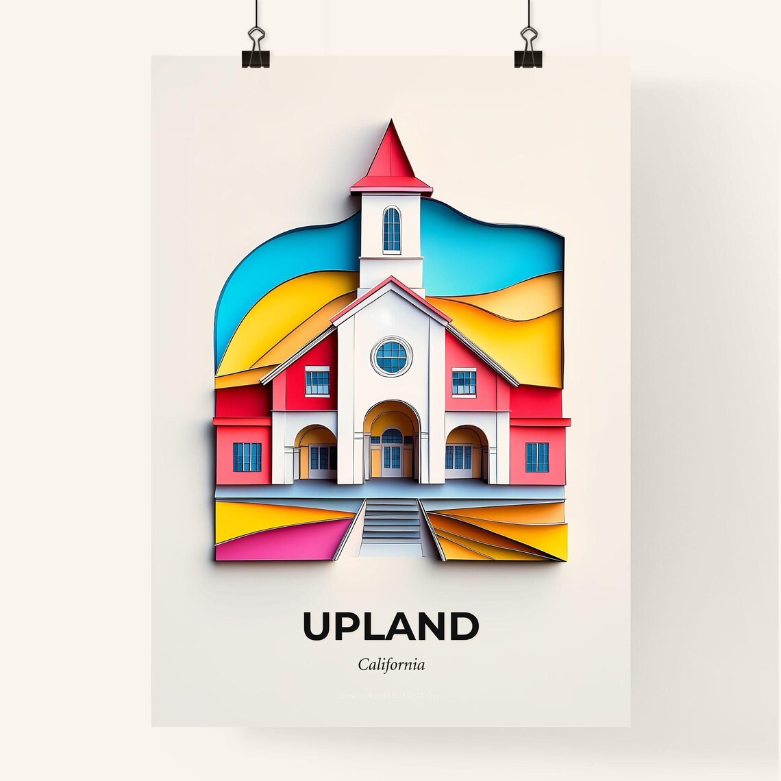 Upland California Red Church Steeple Vivid Paper Cut Art Poster - Image 4