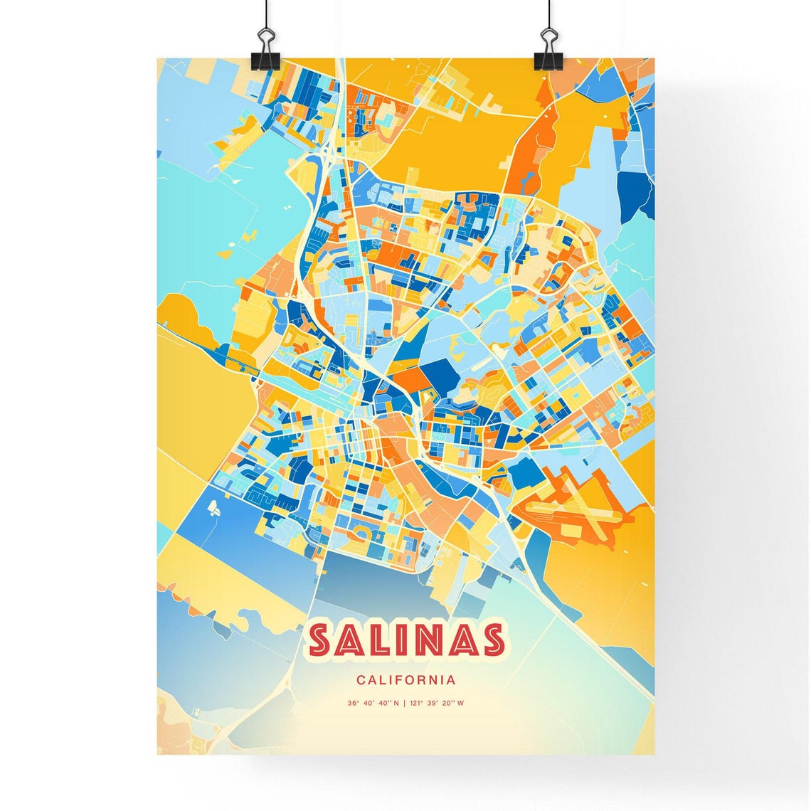 Salinas California Colorful Modern Blue Orange City Map Art Poster - Image 3
