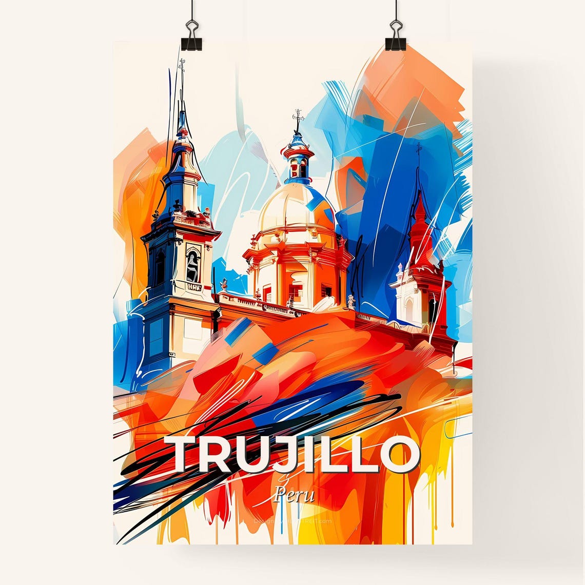 Trujillo Peru Expressive Colorful Abstract Cathedral Dome Art Poster - Image 4