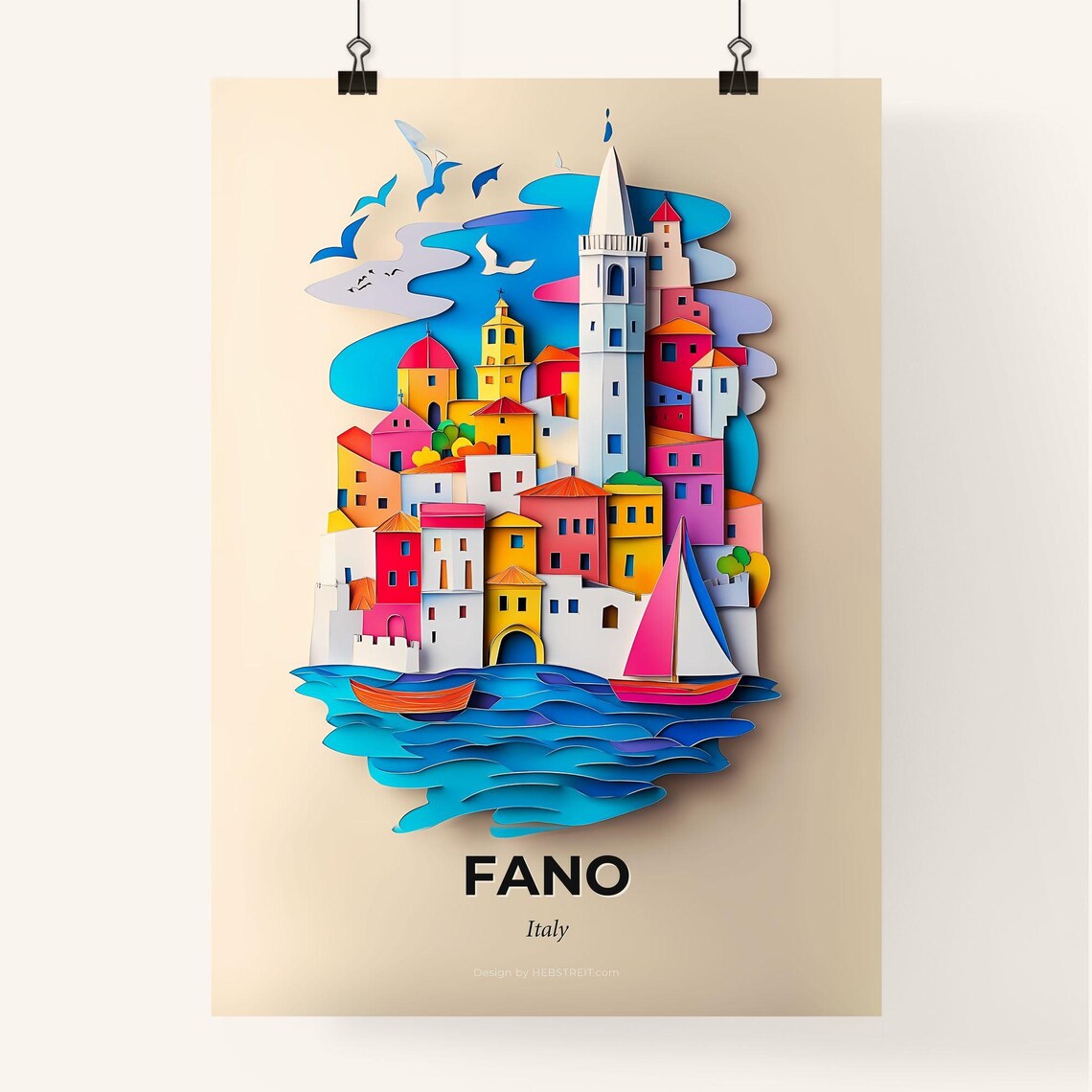 Fano Italy Seaside Towers And Sailboats Paper Cut Travel Poster - Image 4