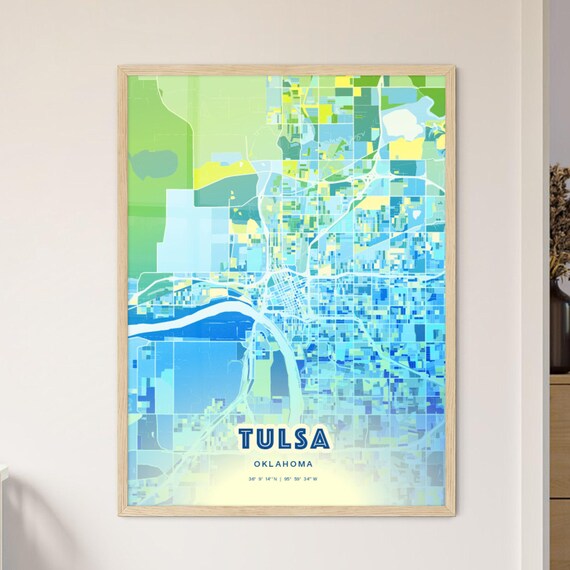 Tulsa Oklahoma Bluish Watercolor Modern Decorative City Map Art Poster