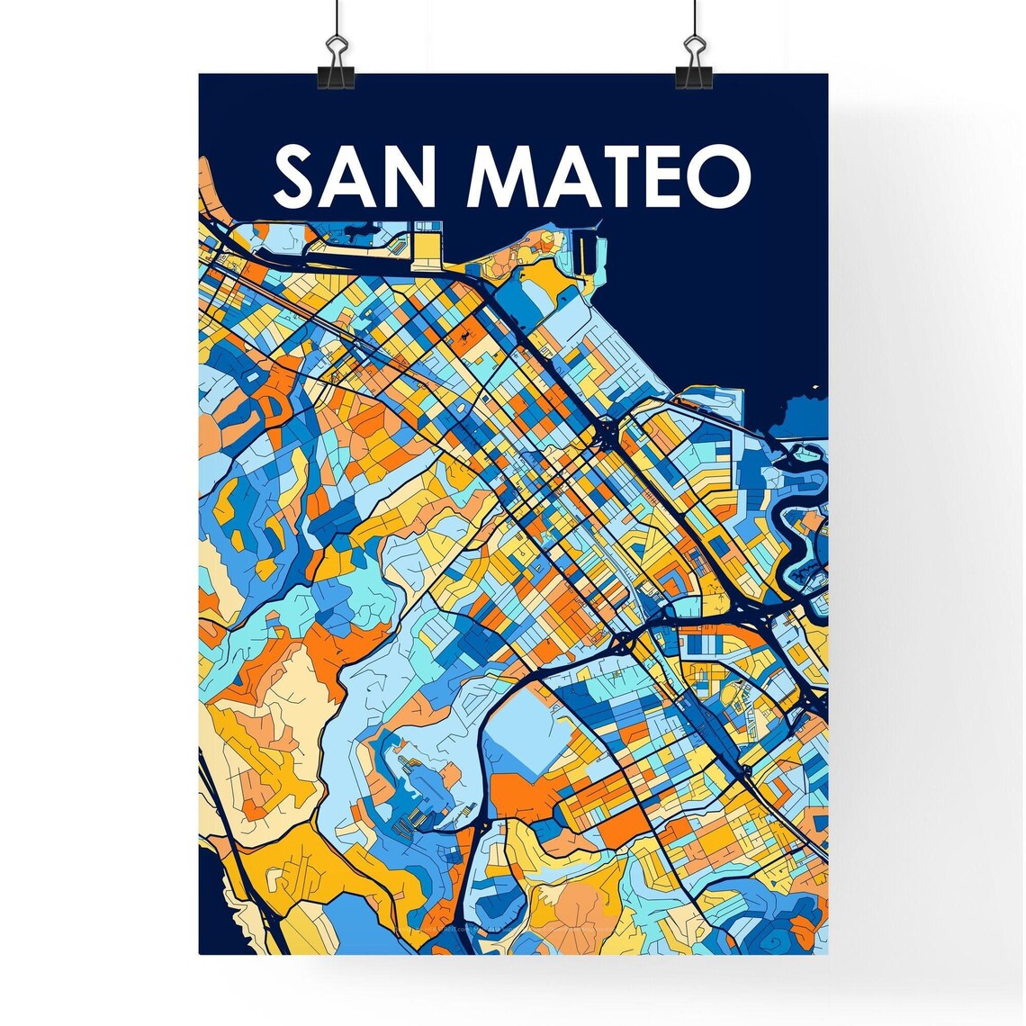 San Mateo California Stylish Vibrant Blue and Orange Mosaic City Map Poster - Image 4