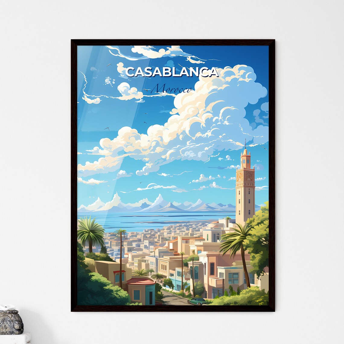 Casablanca Morocco Illustrated Coastal City Skyline Travel Poster