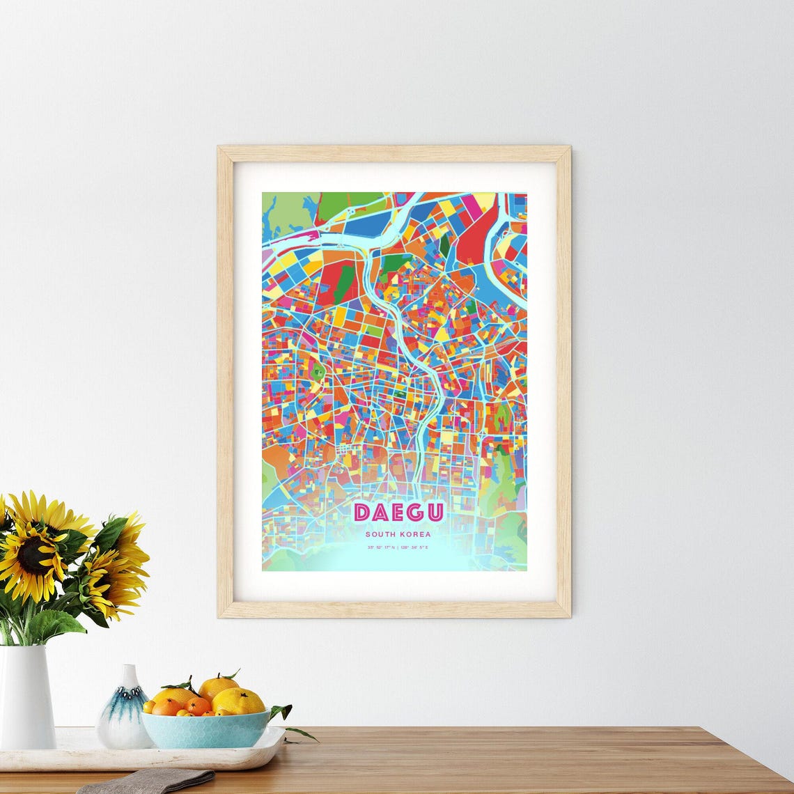 Daegu South Korea Colorful City Map Art Poster in Pink and Turquoise - Image 2