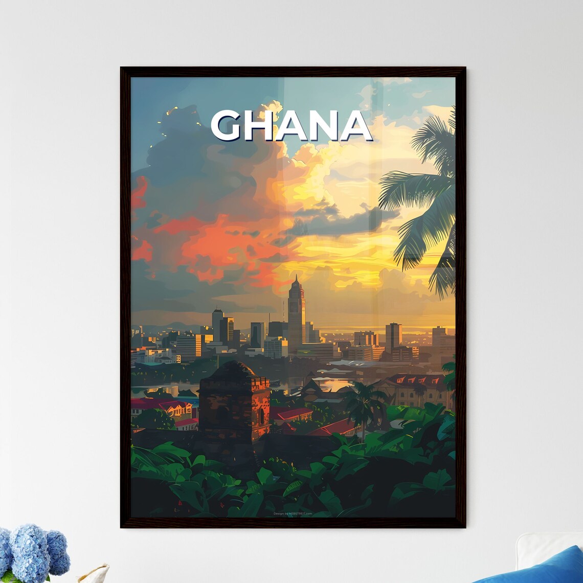 Ghana Golden City Skyline Sunset Palms Tropical Travel Poster