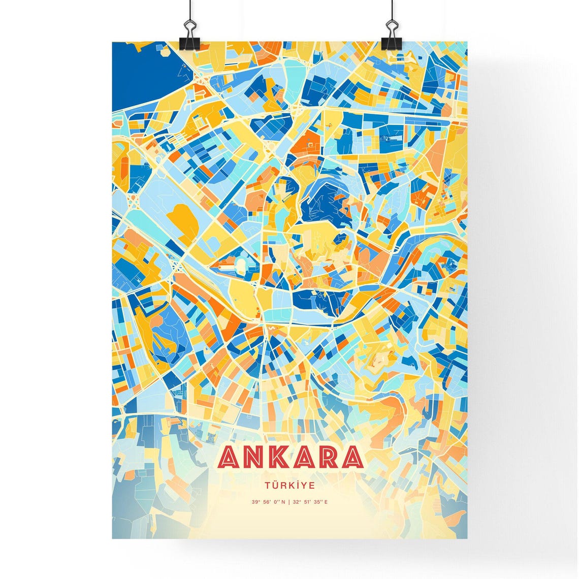 Ankara Turkiye Vibrant Colorful Blue Orange City Map Art Poster - Image 3