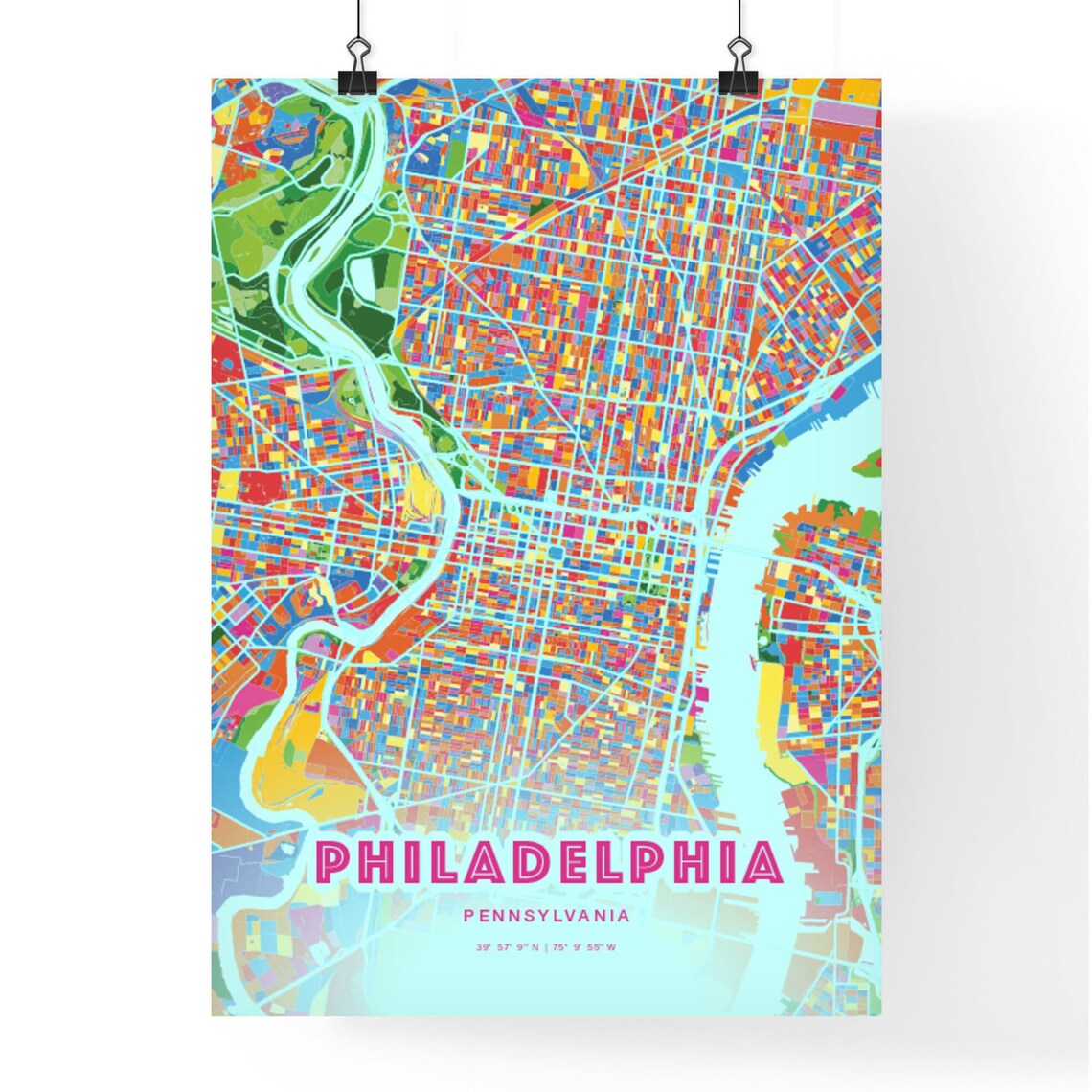 Philadelphia Pennsylvania Colorful City Map Art Poster in Pink and Turquoise - Image 3