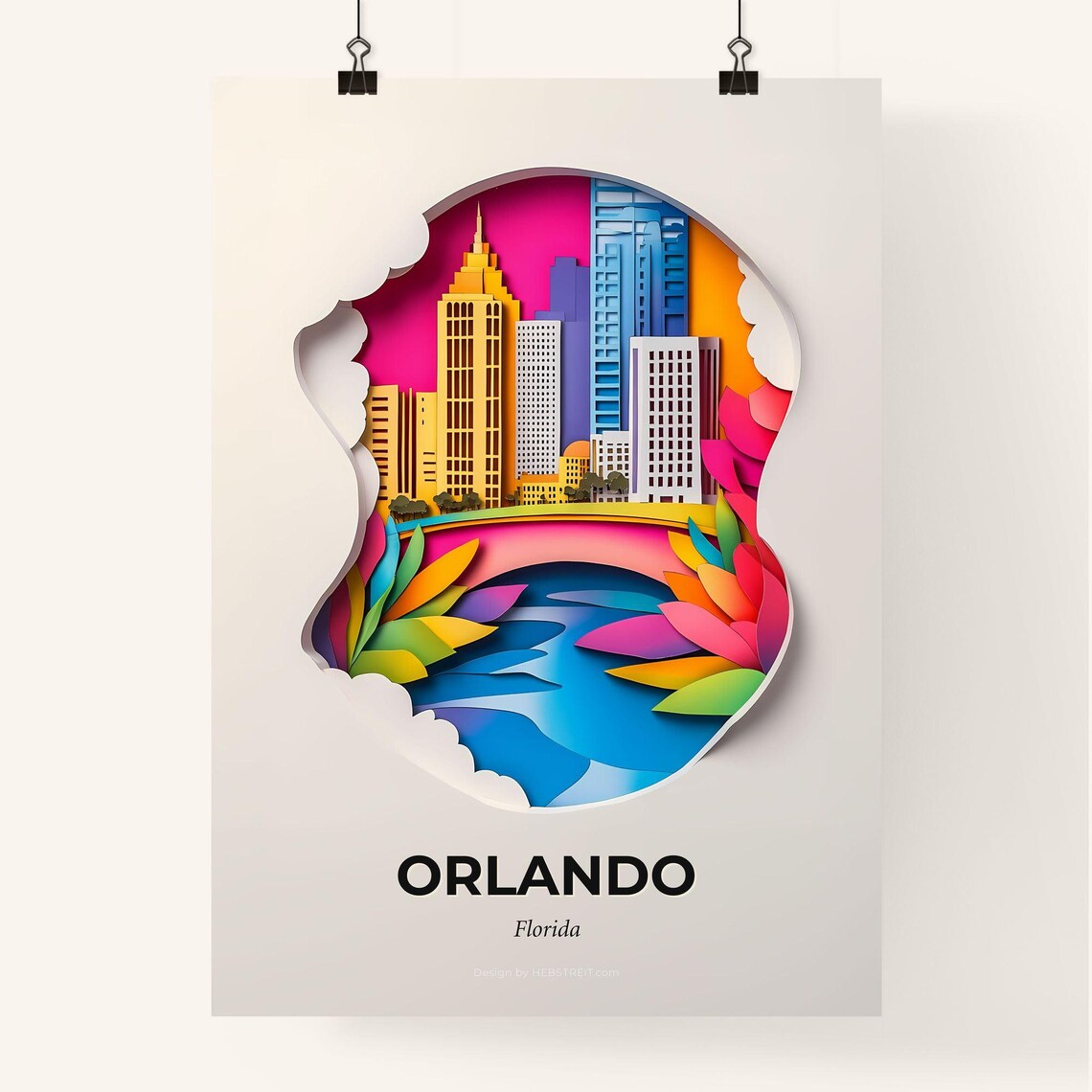 Orlando Florida Skyline Lake Sunset Colorful Paper Cut Art Poster - Image 4