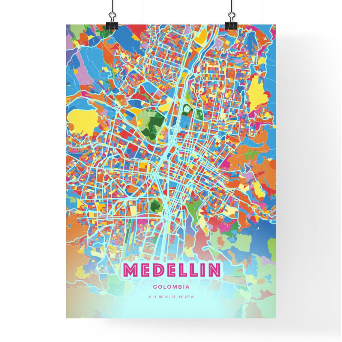 Medellin Colombia Bold Crazy Colorful Mosaic City Map Poster - Image 3