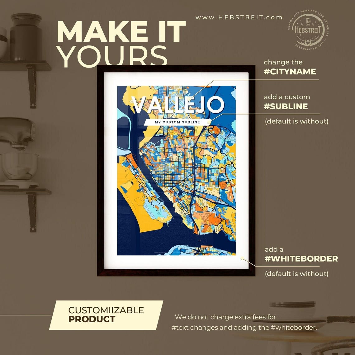 Vallejo California Blue Orange Bold Waterfront Map Art Poster - Image 2