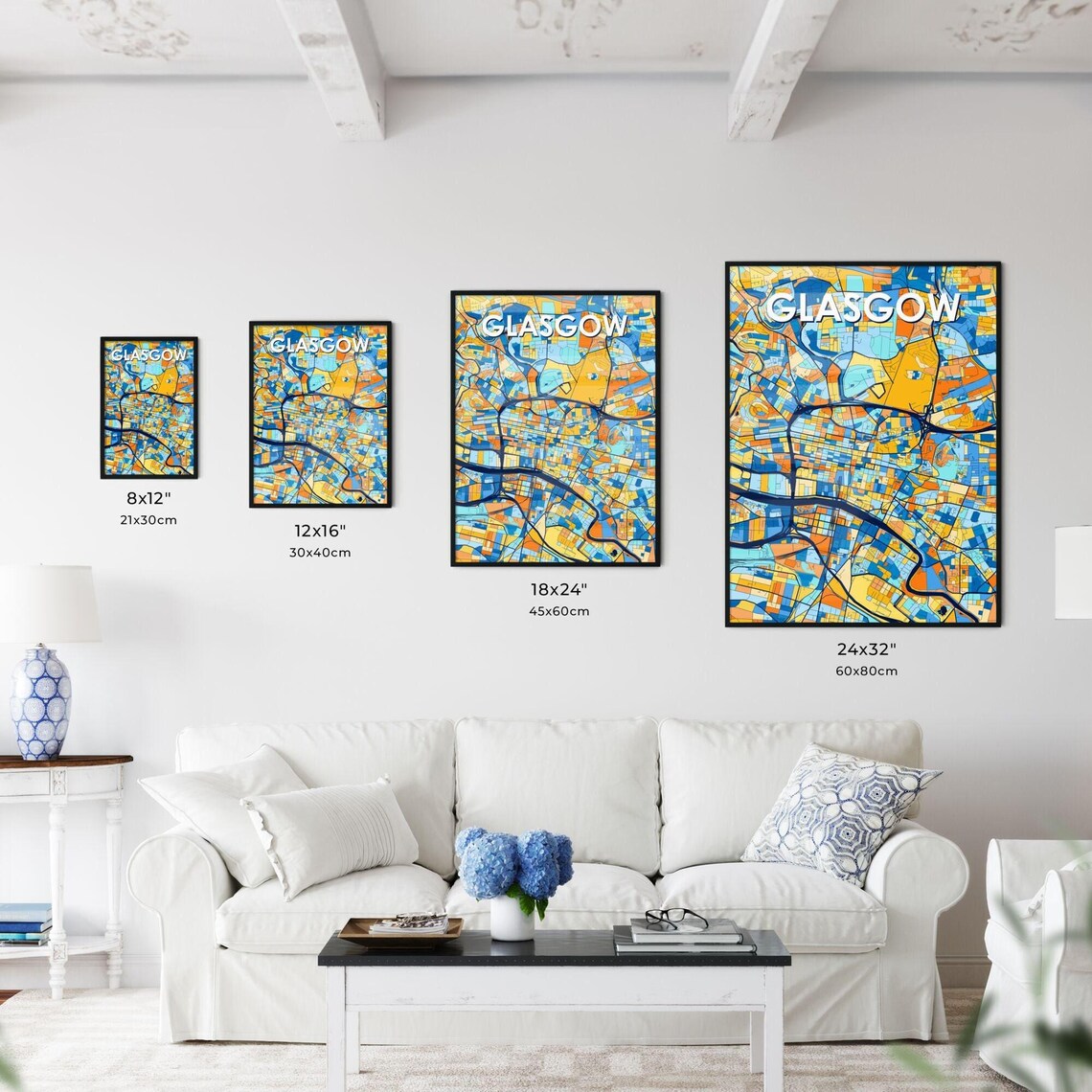 Glasgow Scotland Colorful Geometric City Map Art Poster in Blue and Orange - Image 3