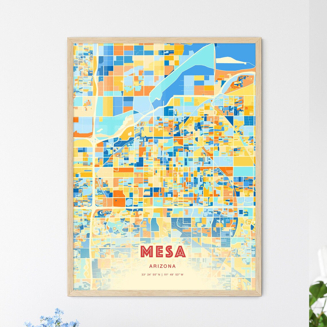 Mesa Arizona Colorful Blue Orange City Street Map Coordinates Poster