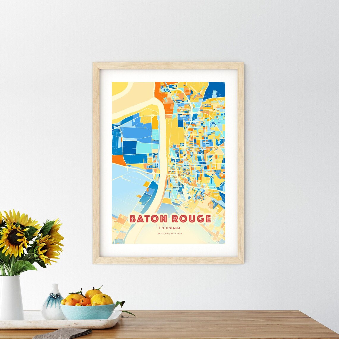 Baton Rouge Louisiana Colorful City Map Art Poster Blue Orange River Design - Image 2