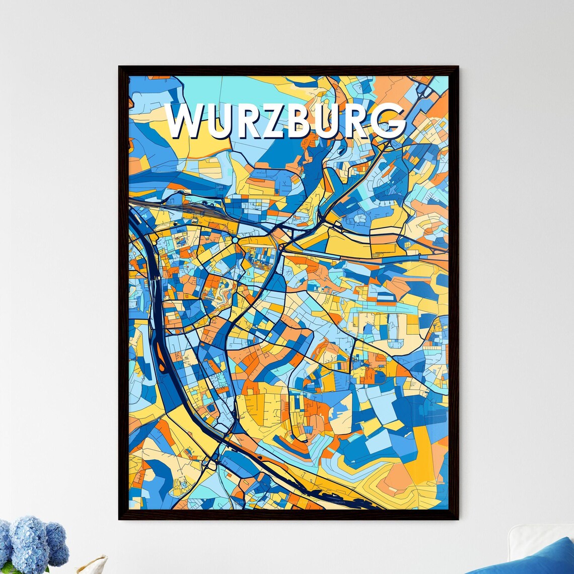 Wurzburg Germany Colorful City Street Map Blue Orange Poster Art