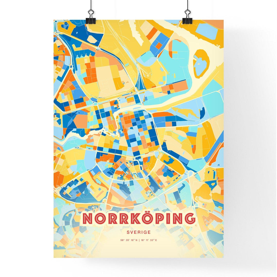 Norrkoping Sweden Scandinavian Blue Orange City Map Art Poster - Image 3
